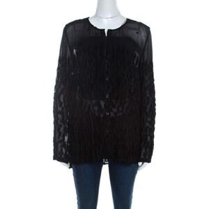 Escada Black Velvet Dobby Sheer Crepe Button Front Blouse Size 42/L